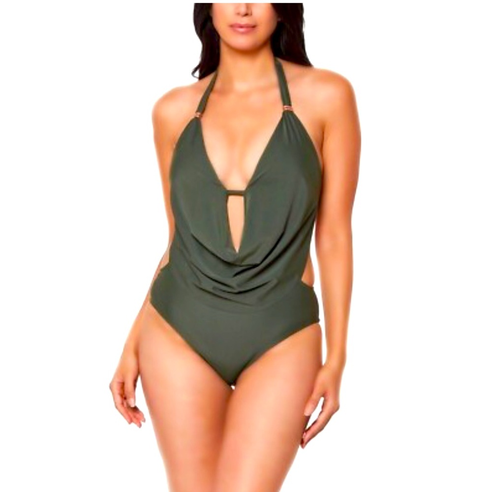 Bar III -RAINFOREST GREEN Solid Cowlneck One-Piece Swimsuit